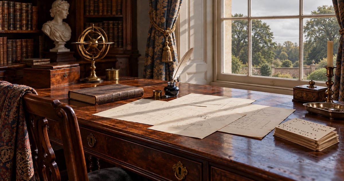 AI-generated historical reconstruction of an unoccupied 1840s study with papers, a quill and generic punched cards