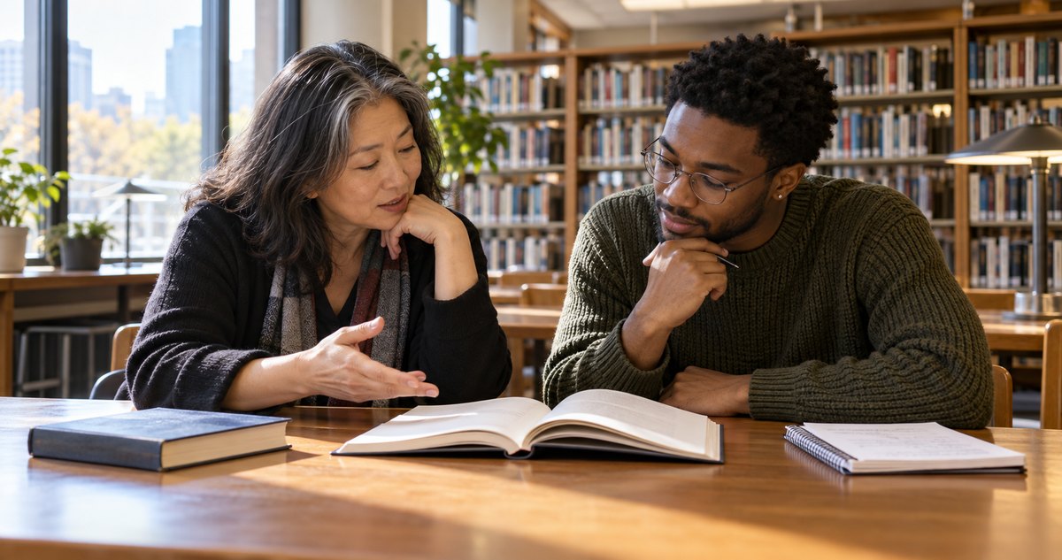 AI-generated imagined scene of two fictional readers discussing a poetry book in a modern library