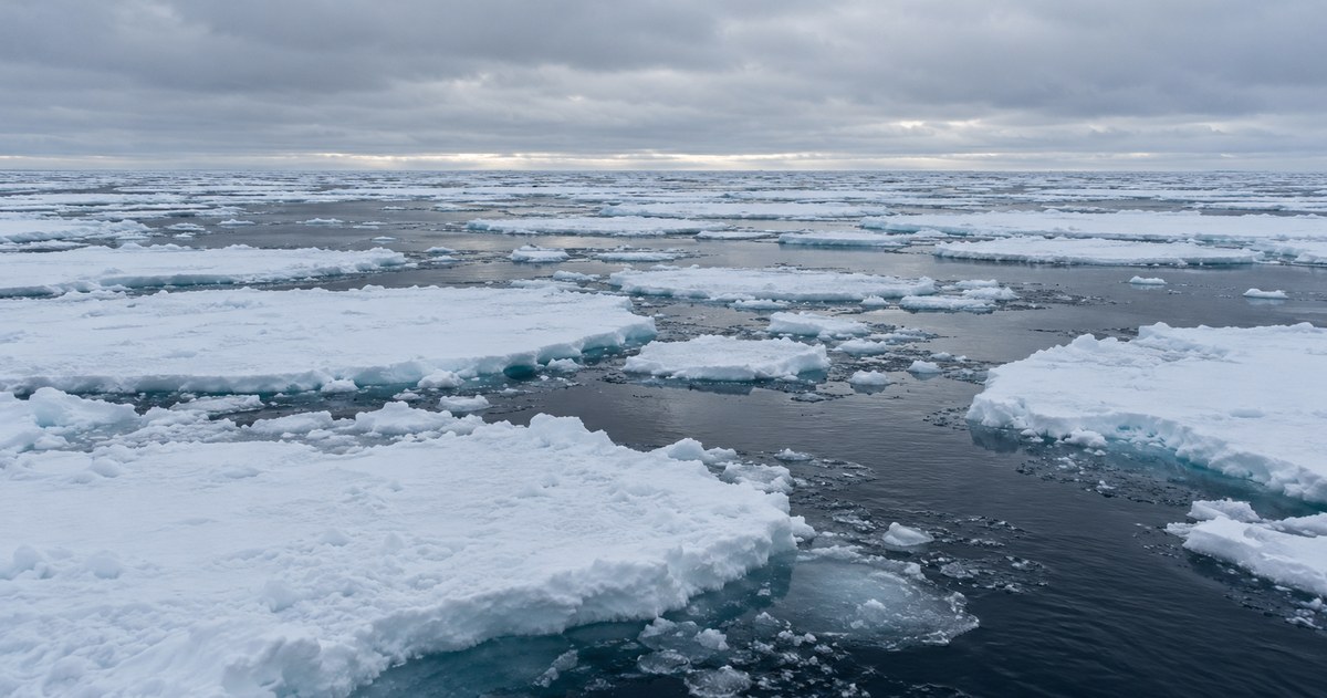AI-generated realistic view across low floating Antarctic-inspired sea-ice floes and dark ocean leads