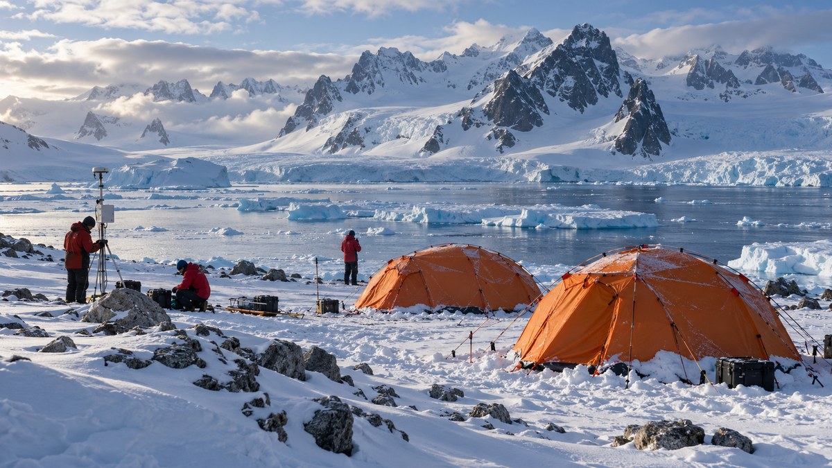 AI-generated representative Antarctic research camp below snow-covered mountains