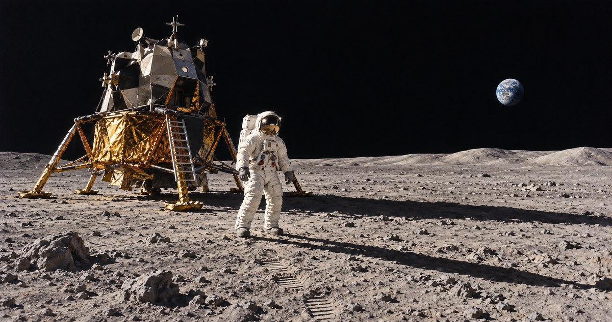 AI-generated realistic reconstruction of an Apollo-era astronaut beside a lunar lander on the Moon