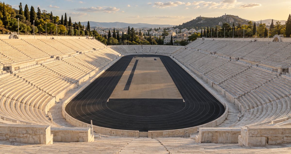 AI-generated contemporary view of the horseshoe-shaped marble Panathenaic Stadium in Athens