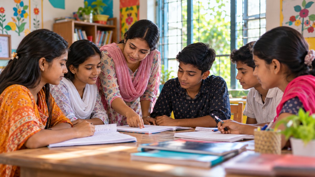 AI-generated representative community learning room in Bangladesh with adolescents reading and an adult teacher
