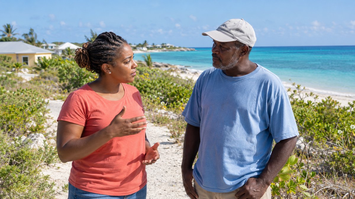 AI-generated representative flat Caribbean coastal community with two adult volunteers discussing preparedness