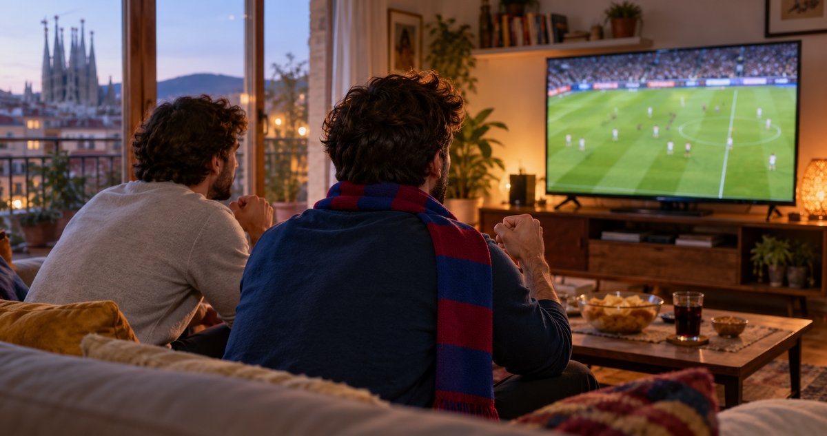 AI-generated representative scene of two fictional friends watching football in a Barcelona living room