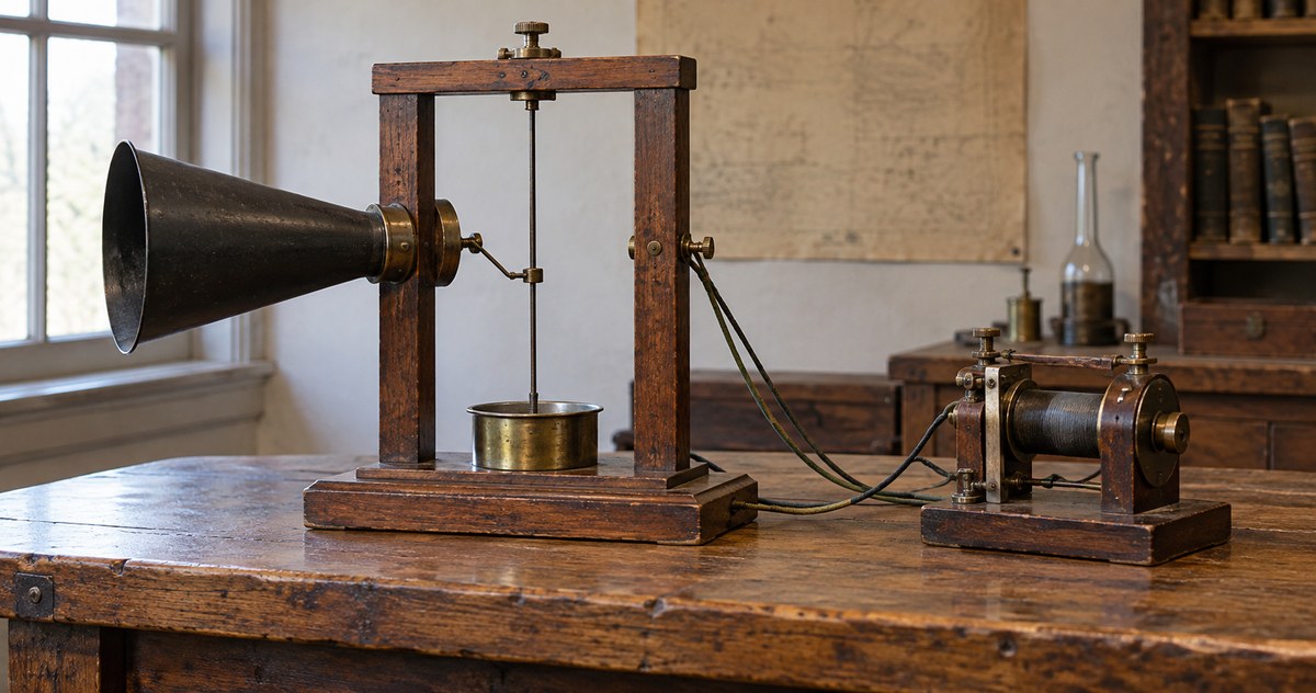 AI-generated photo-style reconstruction of a wooden early telephone apparatus on a laboratory bench