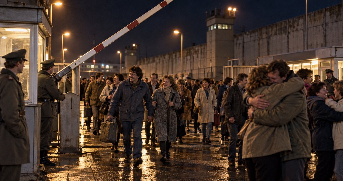 AI-generated historical reconstruction of adults walking through a raised Berlin border barrier on a November night