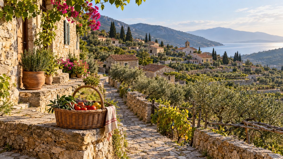 AI-generated representative rural village among cultivated terraces with local produce in the foreground