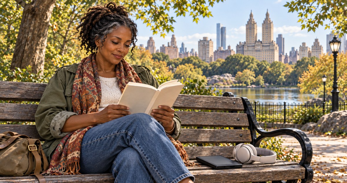 AI-generated realistic image of a woman reading a paper book on a park bench beside an e-reader and headphones
