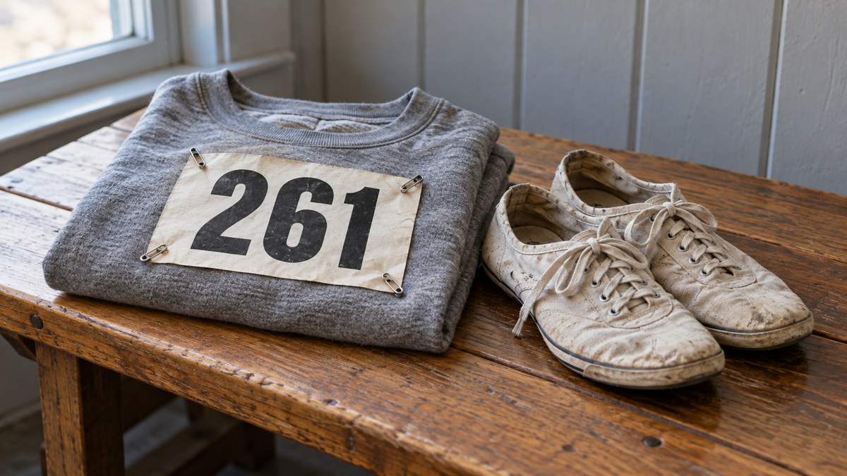 AI-generated representative paper bib numbered 261 with a sweatshirt and period-style running shoes