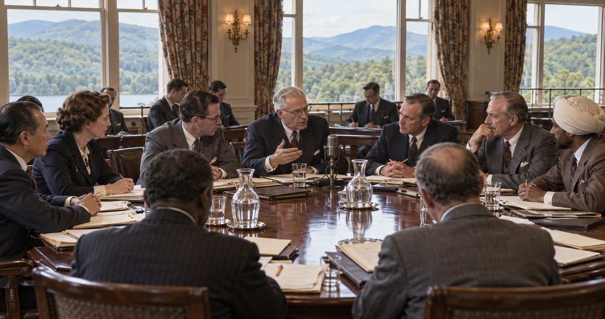 AI-generated historical reconstruction of fictional delegates negotiating around a table in a 1944 New Hampshire hotel-inspired meeting room