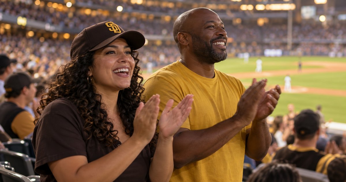 AI-generated scene of two fictional baseball supporters applauding, including a woman wearing a brown Padres cap