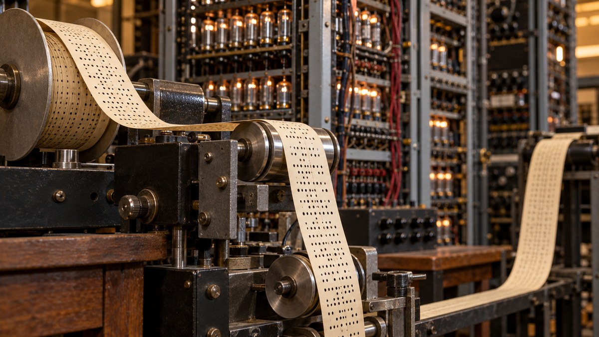 AI-generated historical reconstruction of punched paper tape and blurred electronic valve racks
