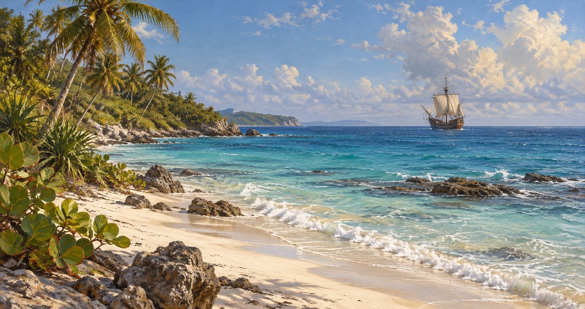 AI-generated imagined Caribbean coastal scene with a distant fifteenth-century European sailing ship offshore