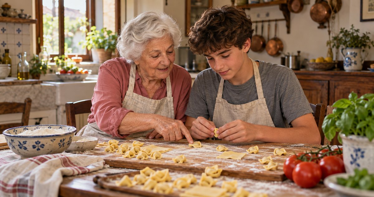 AI-generated realistic image of a grandmother teaching her teenage grandson to shape pasta in a family kitchen