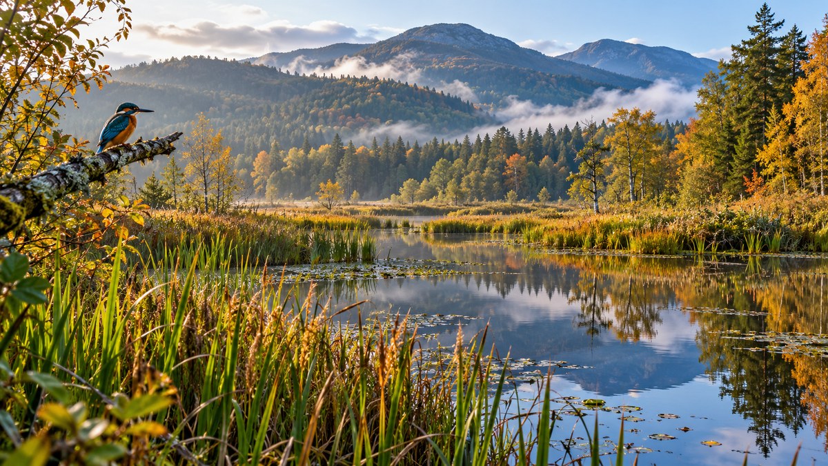 AI-generated representative wetland with reeds, trees and a small bird