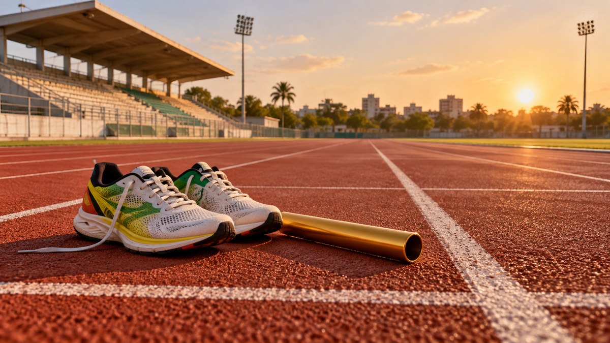 AI-generated running shoes and baton on a representative athletics track