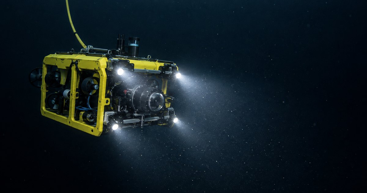 AI-generated realistic image of a tethered underwater research robot lighting dark ocean water with its lamps