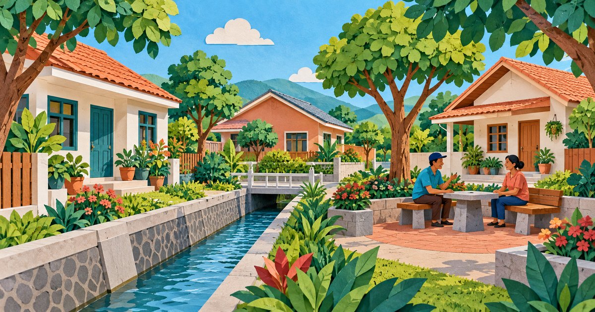 AI-generated cut-paper illustration of a fictional neighbourhood with houses, a drainage channel and a community meeting area