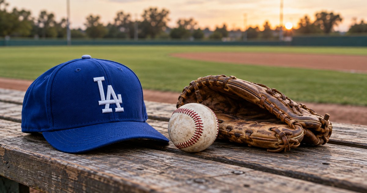 AI-generated still life of a blue Dodgers cap, a leather baseball glove and a baseball on a bench beside a representative field