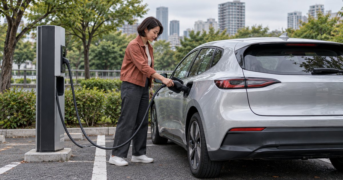 AI-generated realistic image of a woman connecting a charging cable to an electric car in an outdoor car park