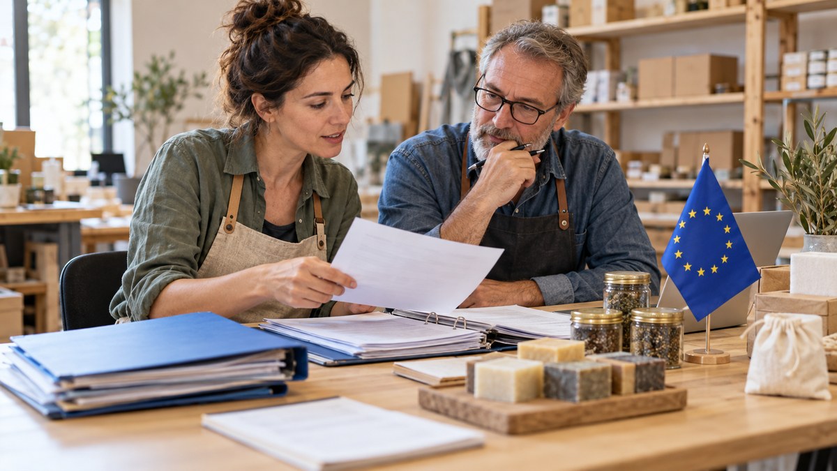 AI-generated illustrative entrepreneurs reviewing folders in a small workshop office
