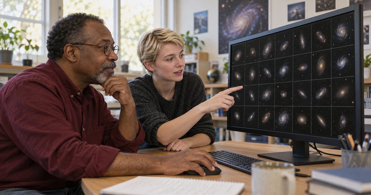 AI-generated realistic image of two adults studying imagined galaxy images on a computer monitor