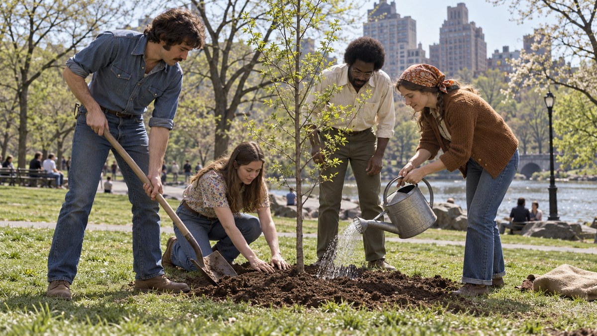 AI-generated historical reconstruction of volunteers planting a tree in an American park around 1970