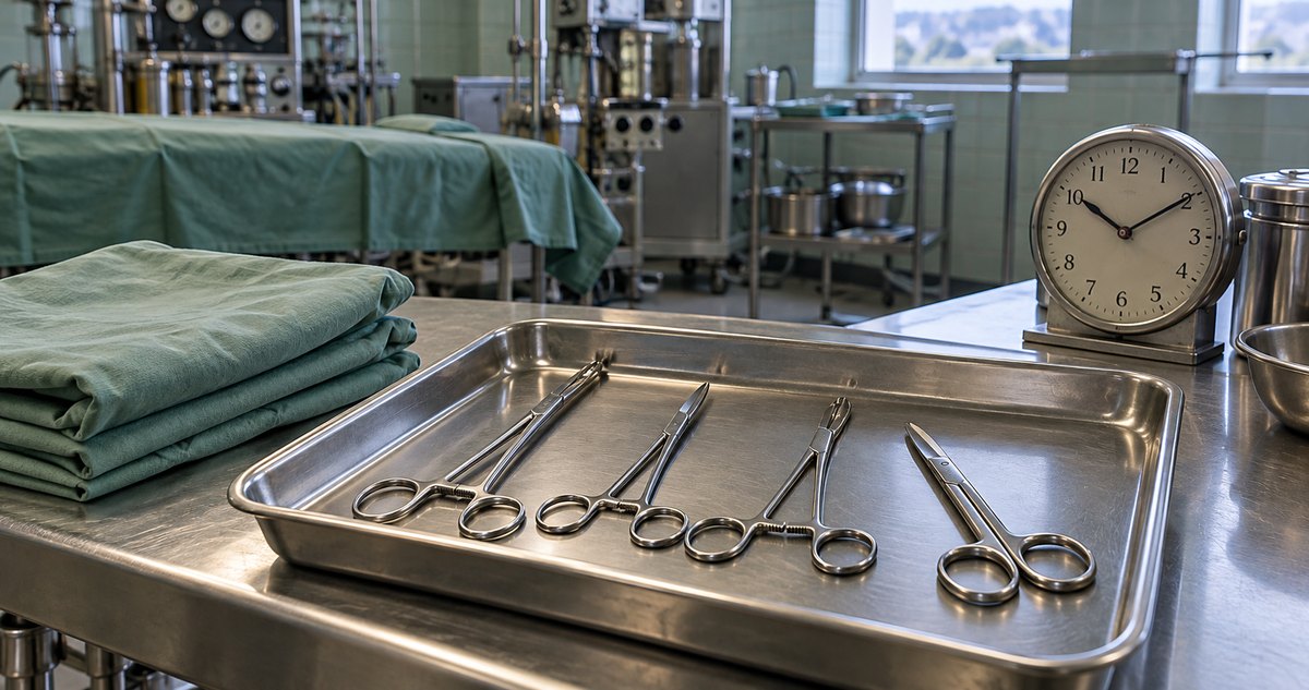 AI-generated period-inspired surgical instrument tray, cotton cloth and analog clock