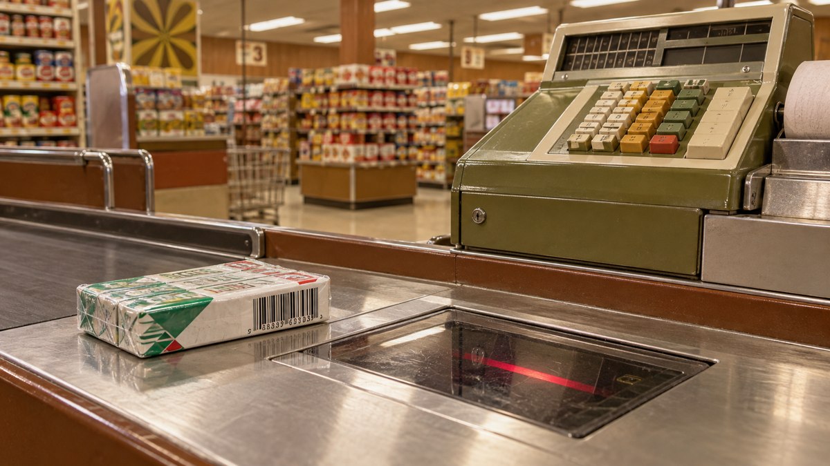AI-generated reconstruction of a generic 1970s supermarket checkout with gum and an early scanner