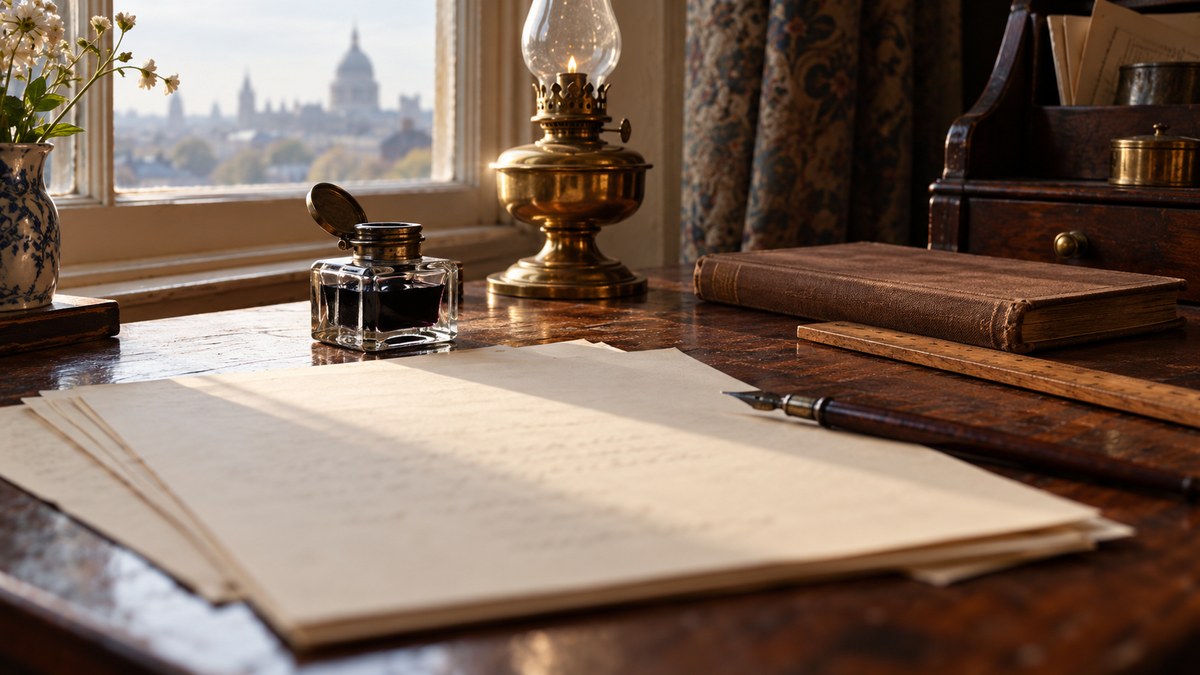 AI-generated historical still life of an 1850s writing desk with paper, dip pen and inkwell
