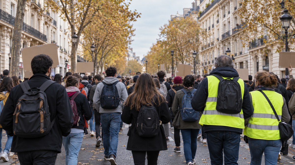 AI-generated representative scene of students and adults, including yellow-vest wearers, marching on a French city street