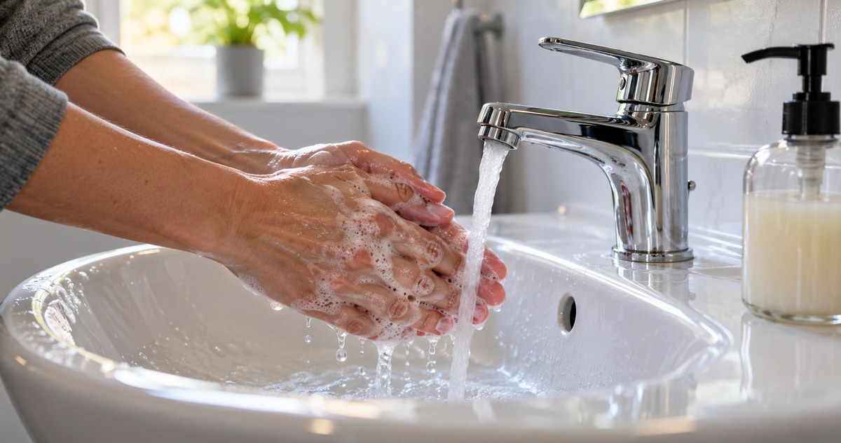 AI-generated photo-style close-up of two adult hands with soap lather at a white basin and running tap
