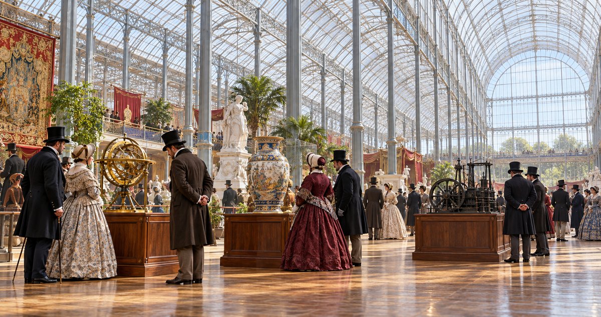 AI-generated historical reconstruction of fictional visitors and displays in a glass-and-iron exhibition hall inspired by 1851