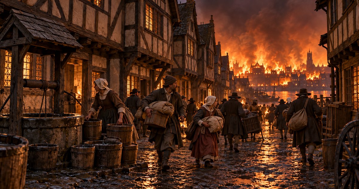 AI-generated historical reconstruction of residents carrying belongings along a timber-framed London street in 1666