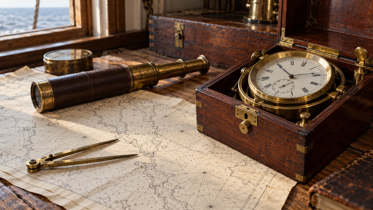 AI-generated historical still life of a marine chronometer, brass telescope, dividers and a nautical chart