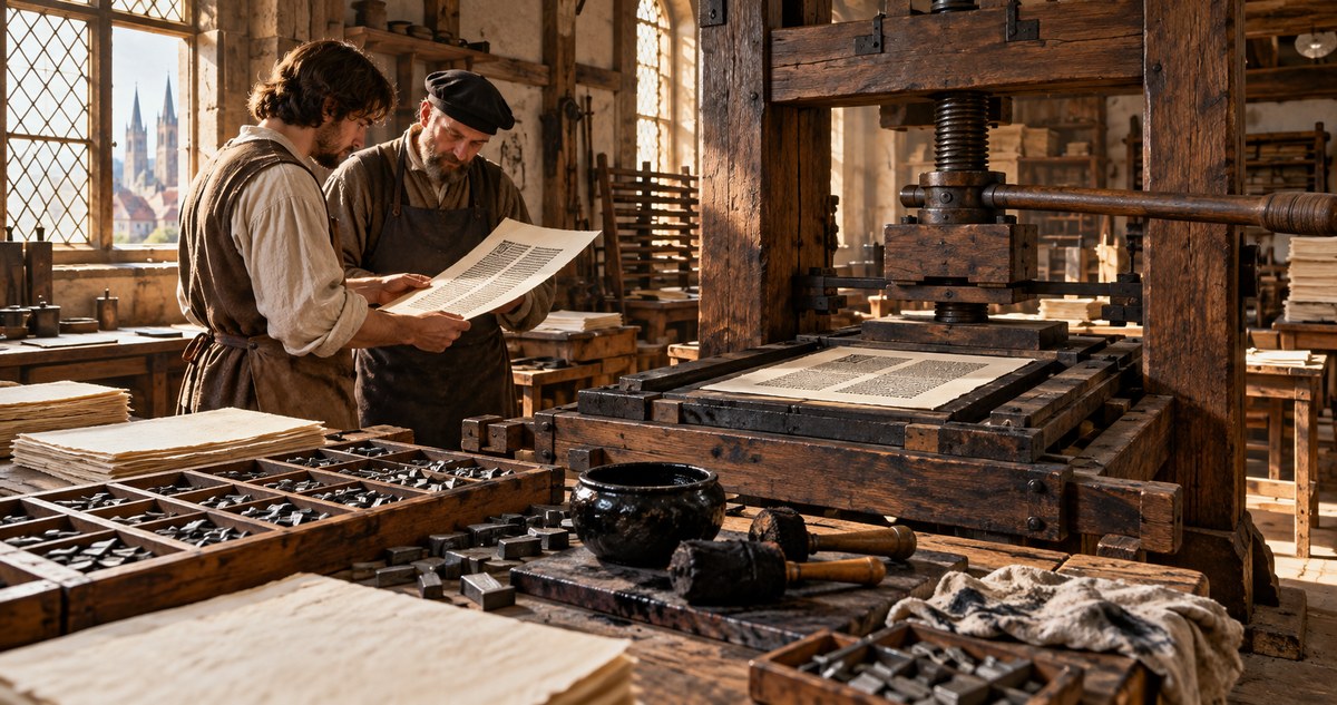 AI-generated historical reconstruction of fictional artisans examining a printed sheet beside a wooden press and trays of movable type