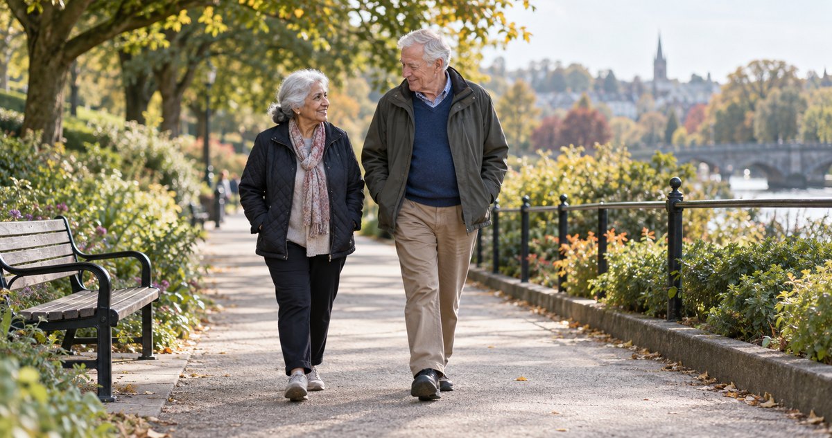 AI-generated older adults walking on a level park path beside a bench with armrests