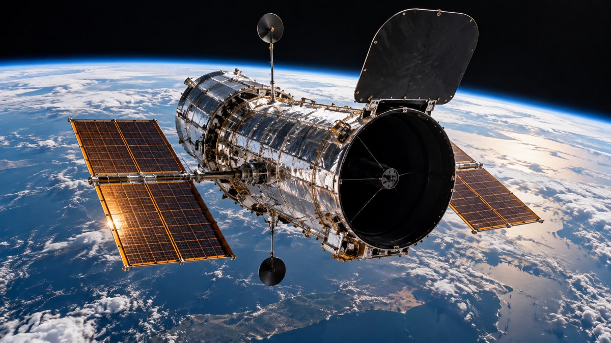 AI-generated conceptual Hubble-like telescope above the curved Earth