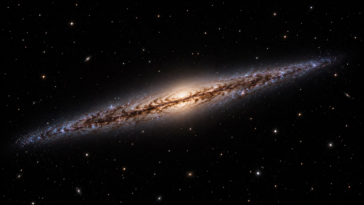 AI-generated conceptual view of an edge-on spiral galaxy with a dark dust lane