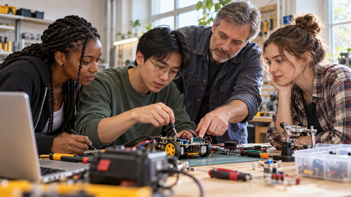 AI-generated illustrative young adults learning electronics in a vocational workshop