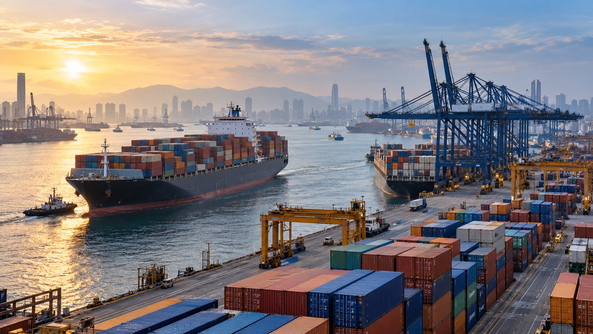 AI-generated representative commercial port with shipping containers, cranes and a cargo ship
