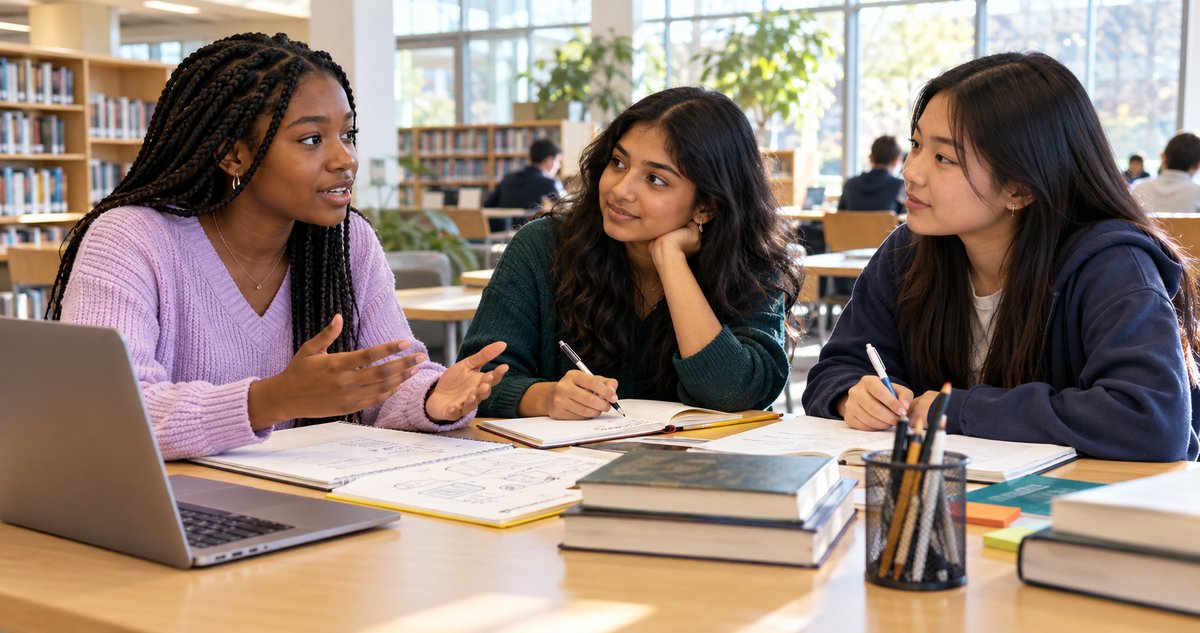 AI-generated representative scene of three fictional teenage girls planning a school project in a library