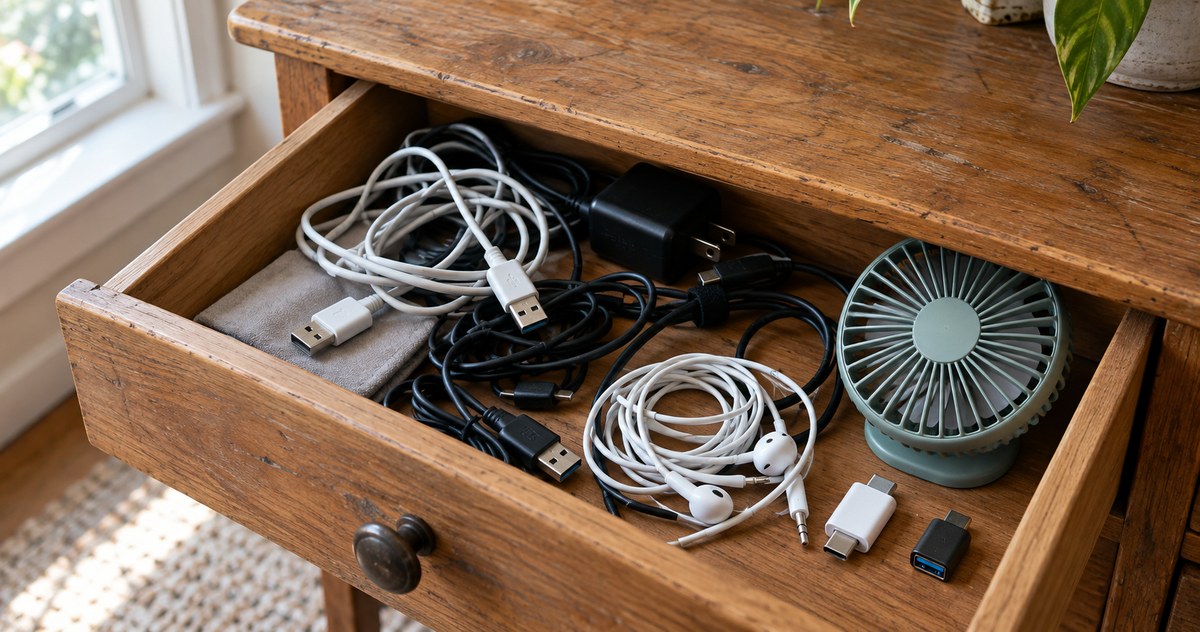 AI-generated photo-style scene of a wooden drawer holding charging cables, earphones, USB adapters and a small fan