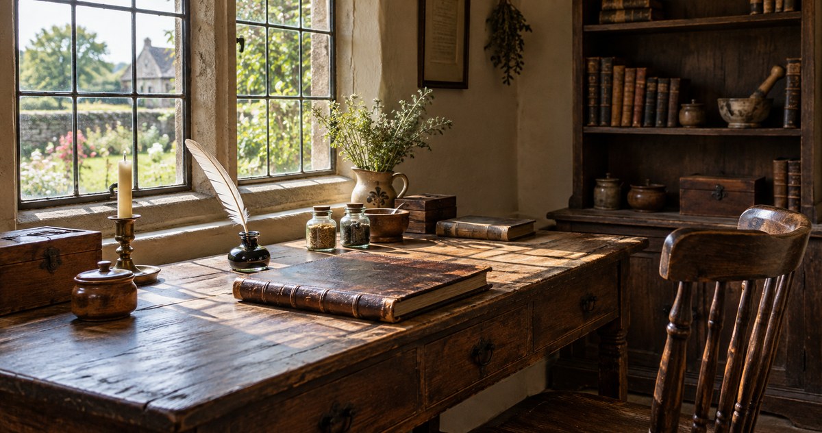 AI-generated photo-style reconstruction of an eighteenth-century English physician's writing desk and garden window