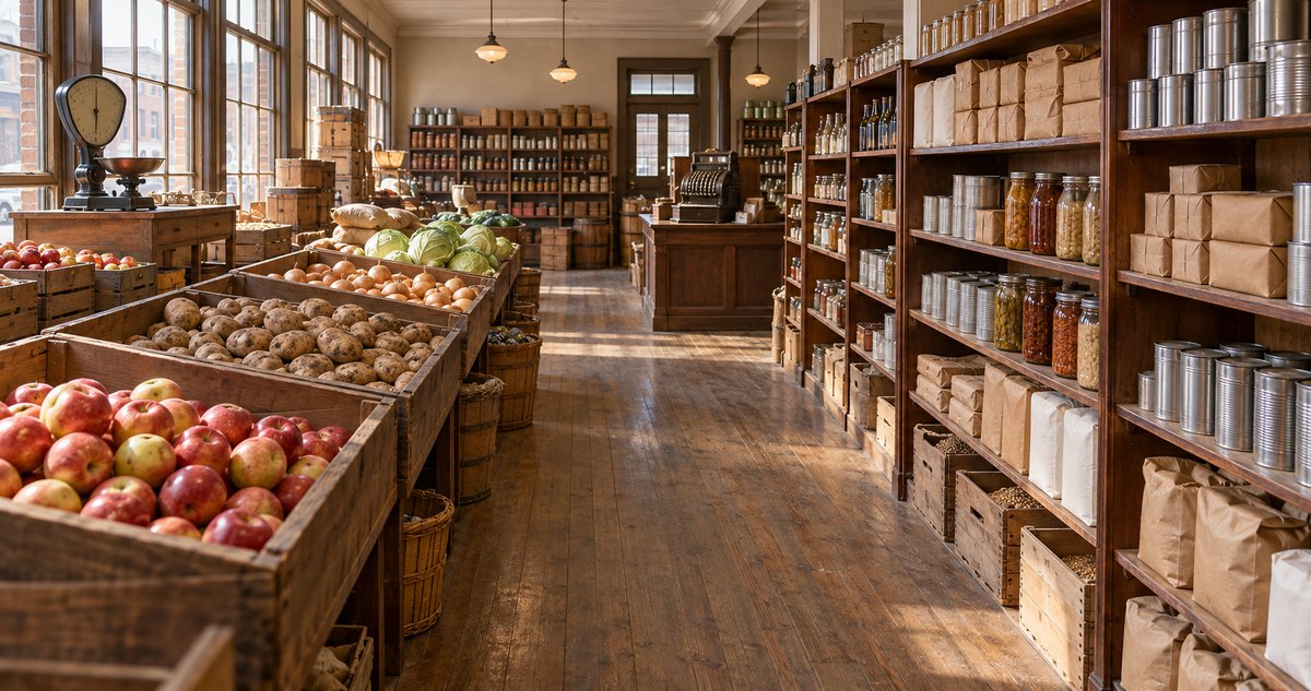 AI-generated period-inspired grocery aisle with wooden shelves and produce bins