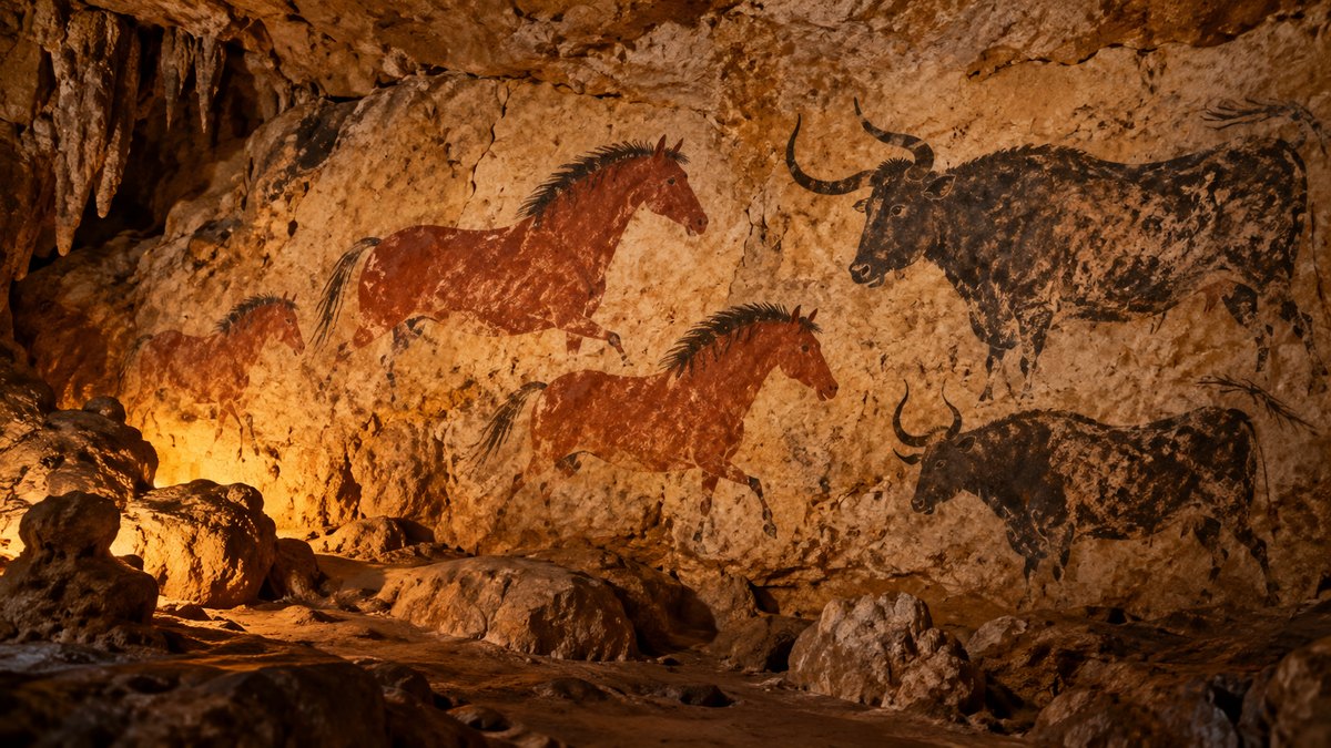 AI-generated evocation of prehistoric animal paintings lit warmly on an irregular limestone cave wall