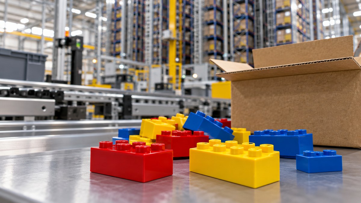 AI-generated illustrative toy bricks and a packing box on a warehouse bench
