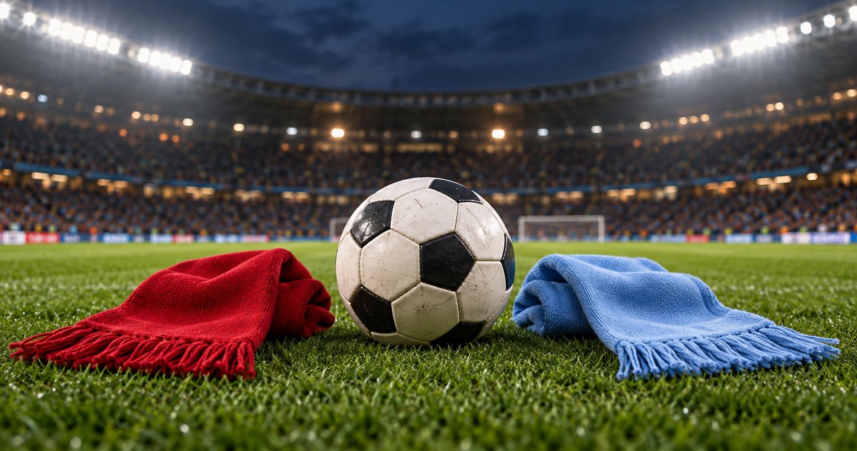 AI-generated football still life with a ball, a red scarf and a sky-blue scarf on stadium turf