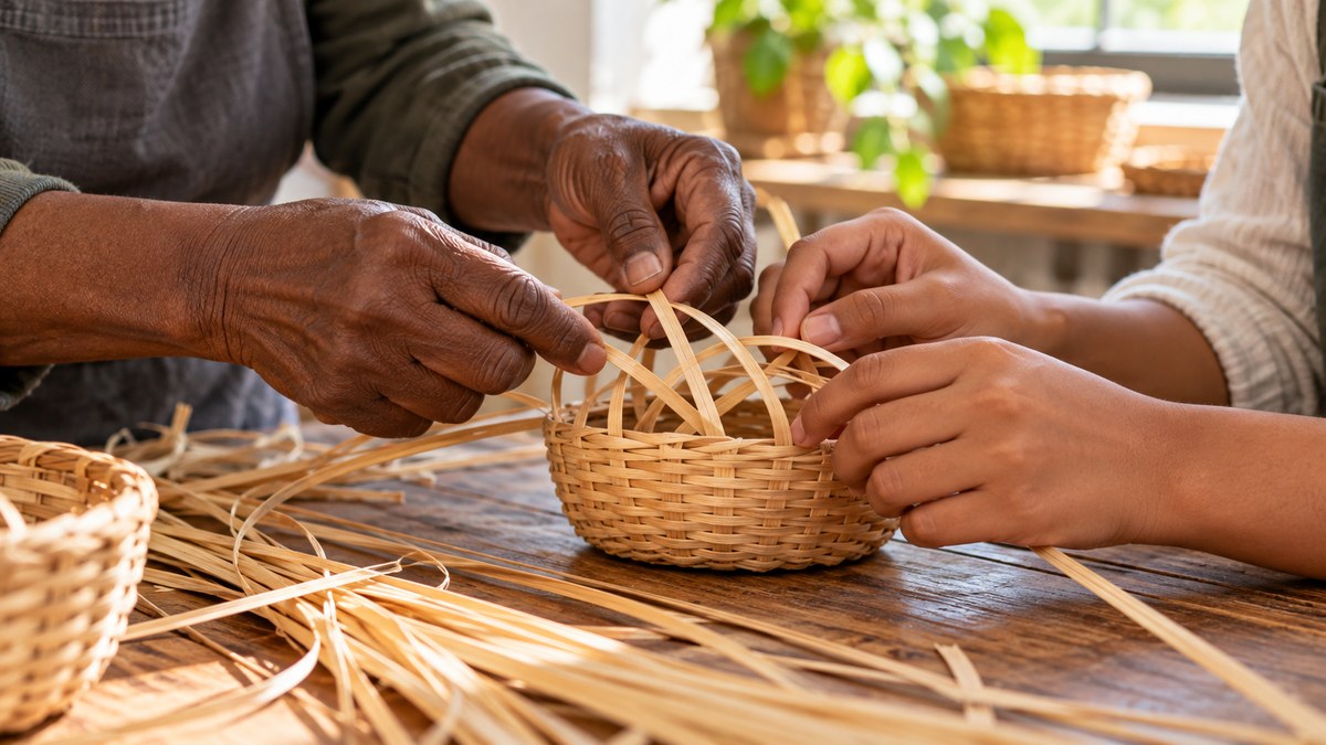 AI-generated representative hands demonstrating basket weaving at a wooden table